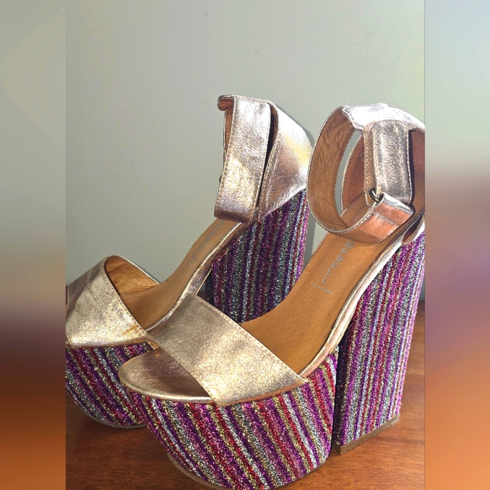 JEFFREY CAMPBELL Forget Disco Platform Glitter Heels in Metallic Champagne